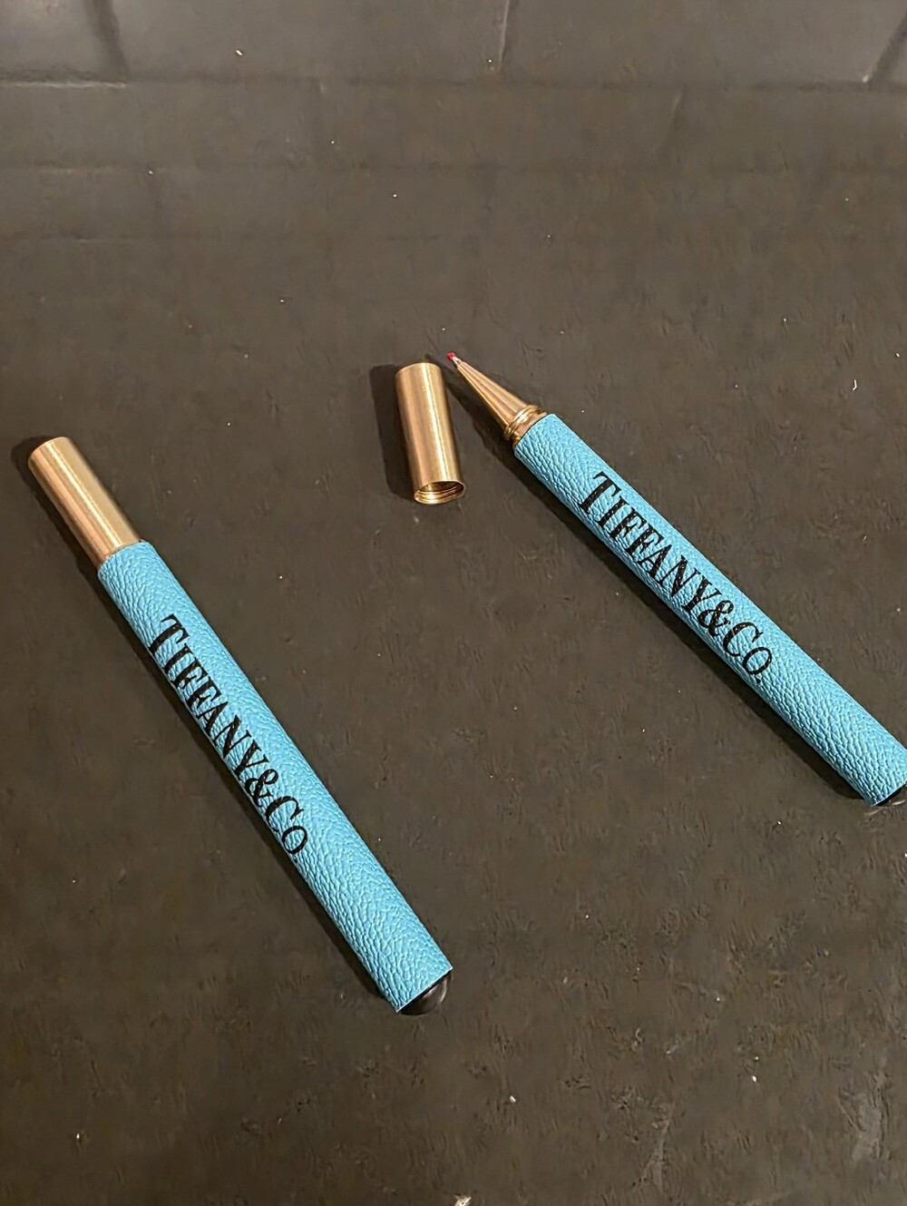 Blue Leather Ballpoint Pen with Gold Accents
